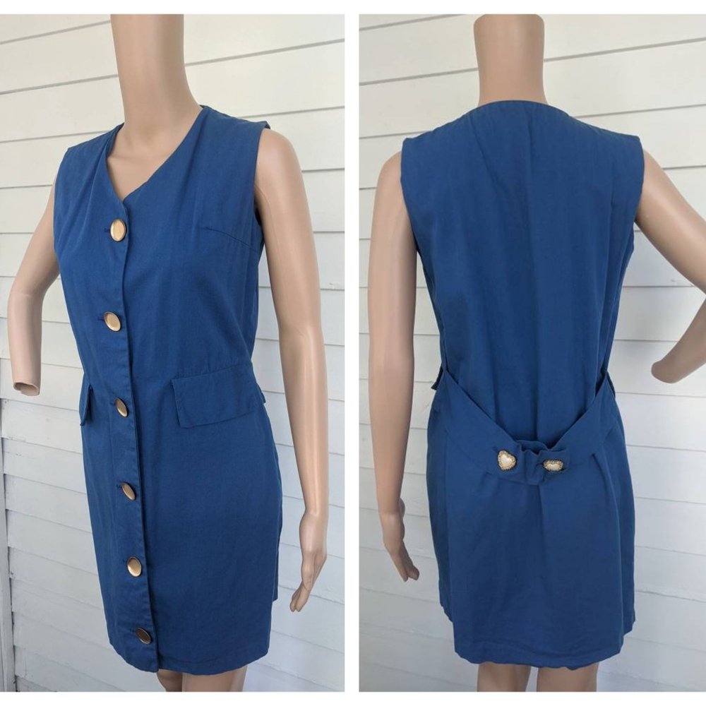 60s Blue Mod Dress Button Down Vintage Sleeveless